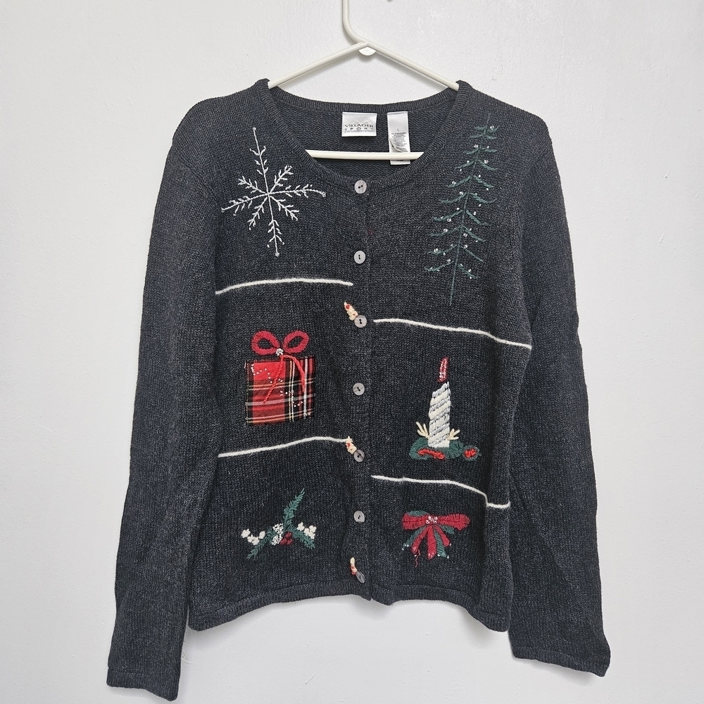 Vintage Villager Sport Holiday Hand  Embroidered Women's Sz L Cardigan Sweater